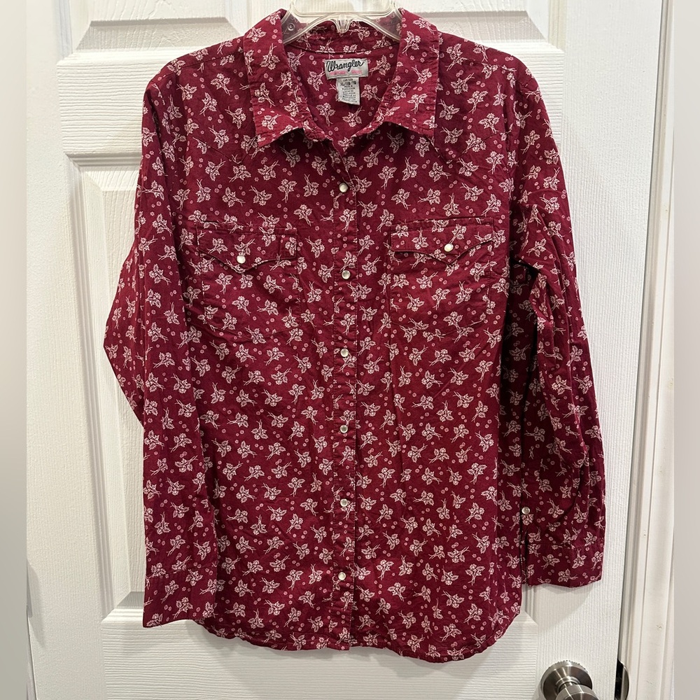 Wrangler Wrancher Shirt Womens Burgundy Floral Cowboy Collared Pearl Snap XL